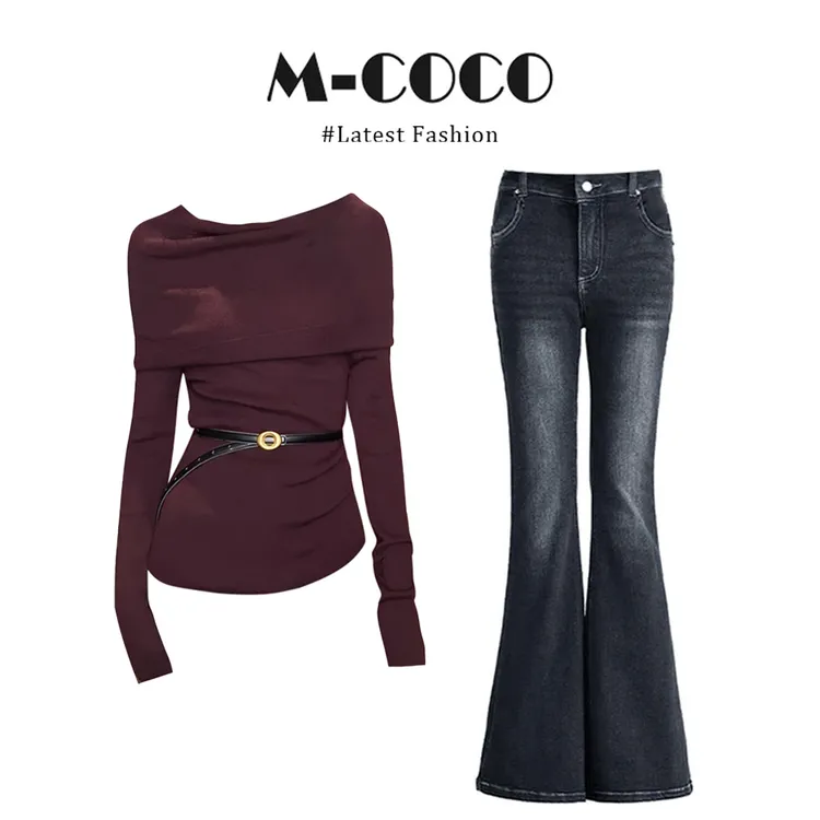 MARIE.COCO韩系辣妹一字肩针织衫长袖上衣修身牛仔裤早秋套装