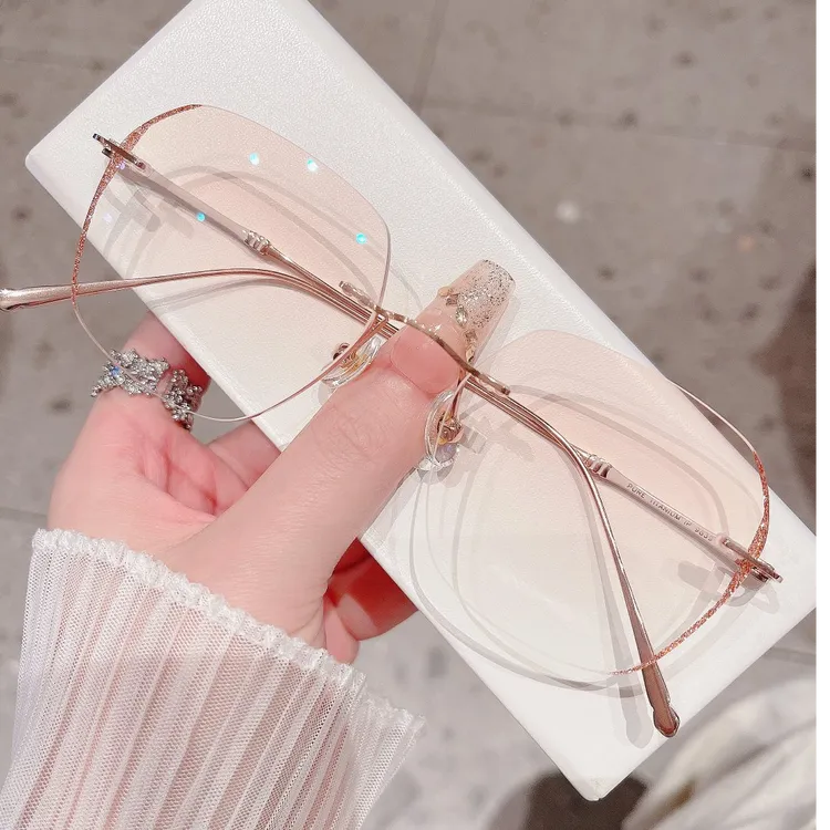 3-多边形无框纯钛璀璨玫金竹节切边近视眼镜纯欲女配度数9839-A9