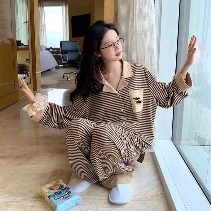 条纹家居服套装宽松家居服显瘦睡衣时尚翻领长袖秋季