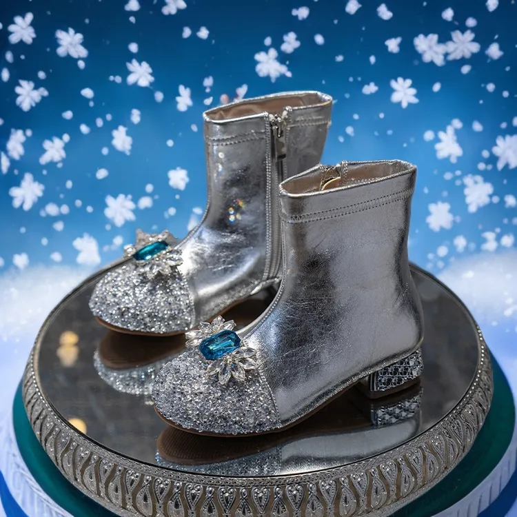 礼服高跟鞋冬天靴女童靴子秋冬白色银色公主高跟靴小女孩童公主靴