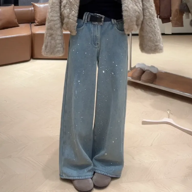 冬季加绒烫钻高腰牛仔裤韩版潮流宽松裤子LK2508805