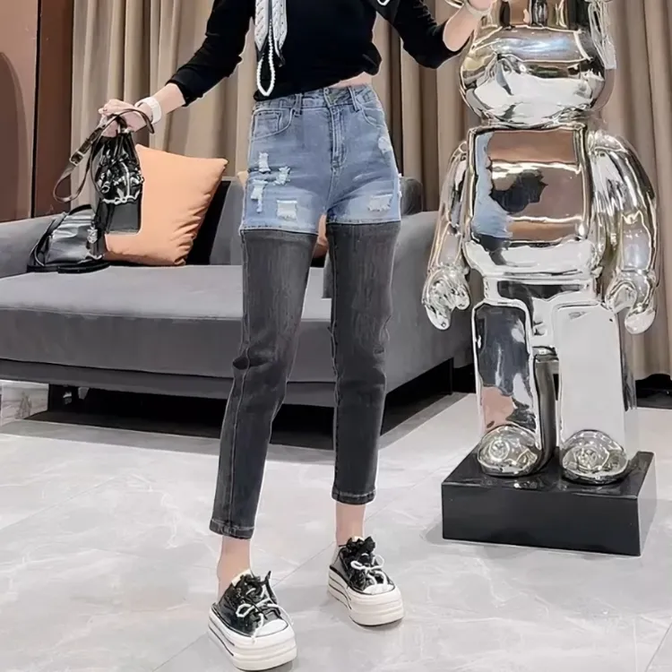 Aimeerosa/艾洛莎高腰显瘦八分裤早春时尚潮流小众设计叠穿牛仔裤