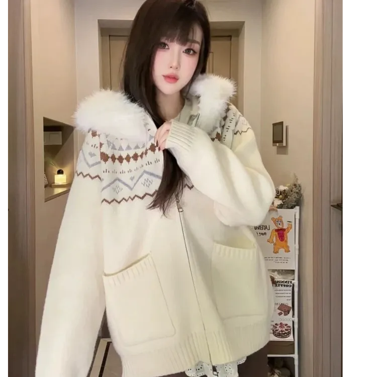 复古费尔岛毛领连帽毛衣外套女春秋冬加厚宽松百搭双拉链针织开衫
