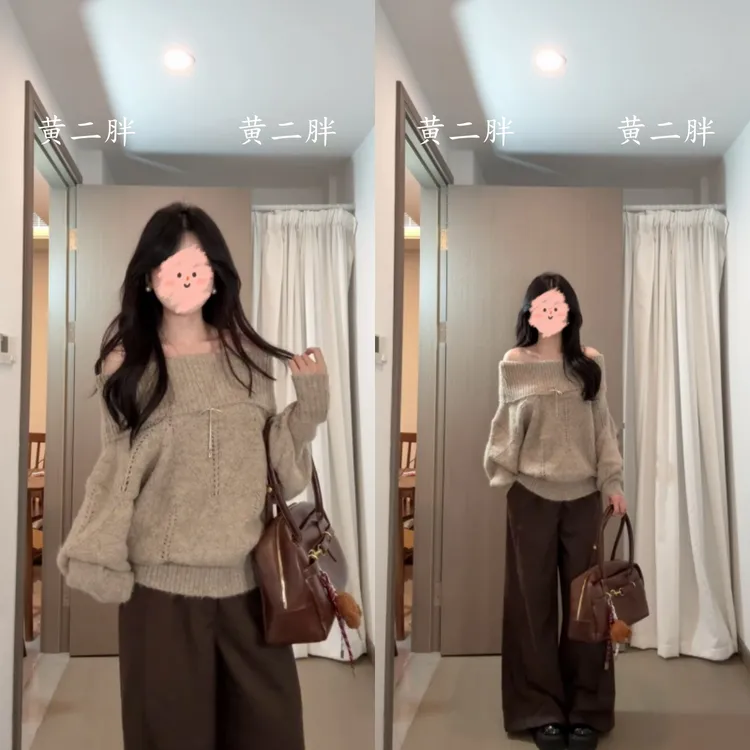 韩系慵懒风一字领针织毛衣女高级感休闲宽松百搭套头上衣秋冬新款