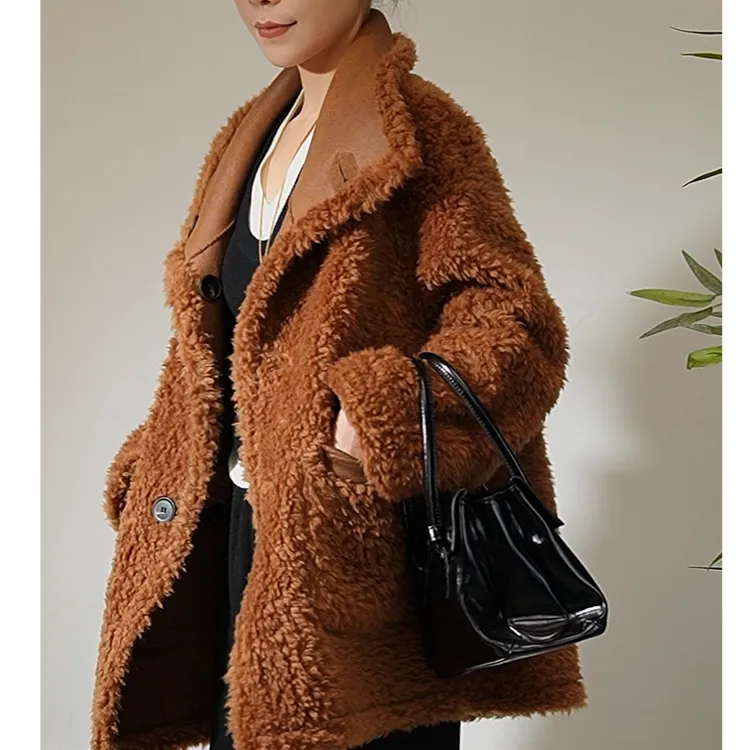 冬季羊毛羊羔绒保暖休闲风中长款外套翻领两面百搭时尚加绒加厚