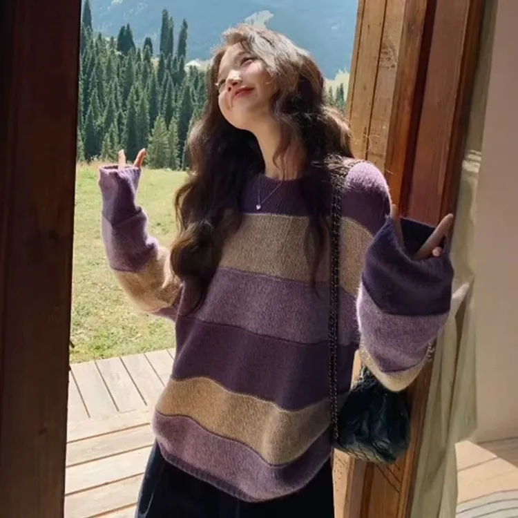 渐变色层次感圆领洋气减龄保暖针织衫软糯撞色1373