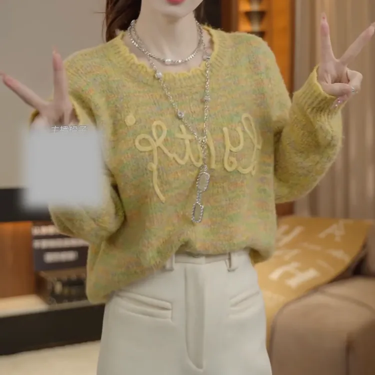 2025秋冬新款韩系百搭字母波浪边圆领套头毛针织上衣LK2507753