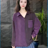 JJ夏季翻领拼接做旧长袖薄款卫衣秋季立领显瘦小香风T恤复古宽松