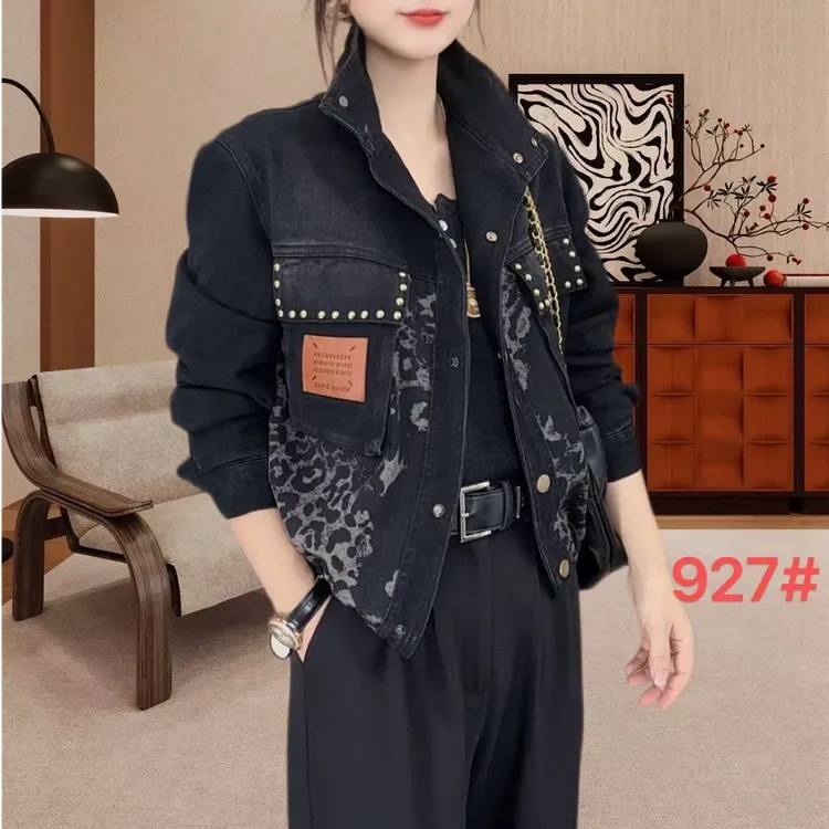 小施家南韩设计版重工钉珠高货豹纹牛仔外套927