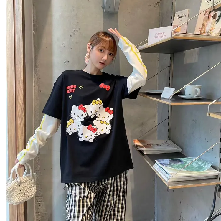  时髦洋气减龄 趣味卡通KT猫印花 宽松休闲圆领假两件长袖T恤