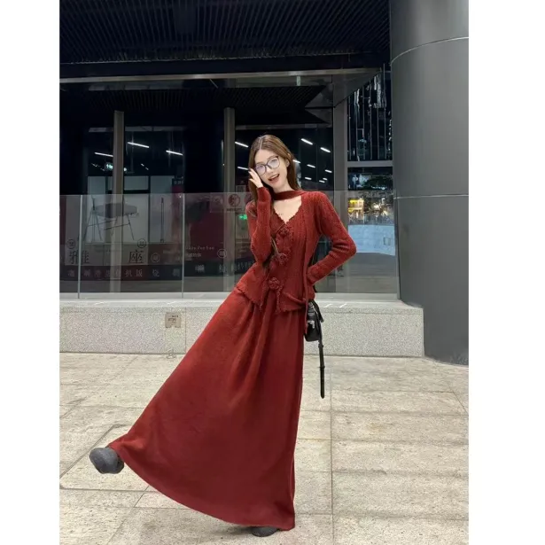 【美丽羊专属】时尚套装休闲风显瘦显白红色收腰系带轻奢长袖长裙中长款红色套装