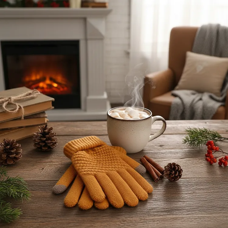 加绒分指手套可触屏大人冬季可爱针织女款防寒冬季防寒针织手套