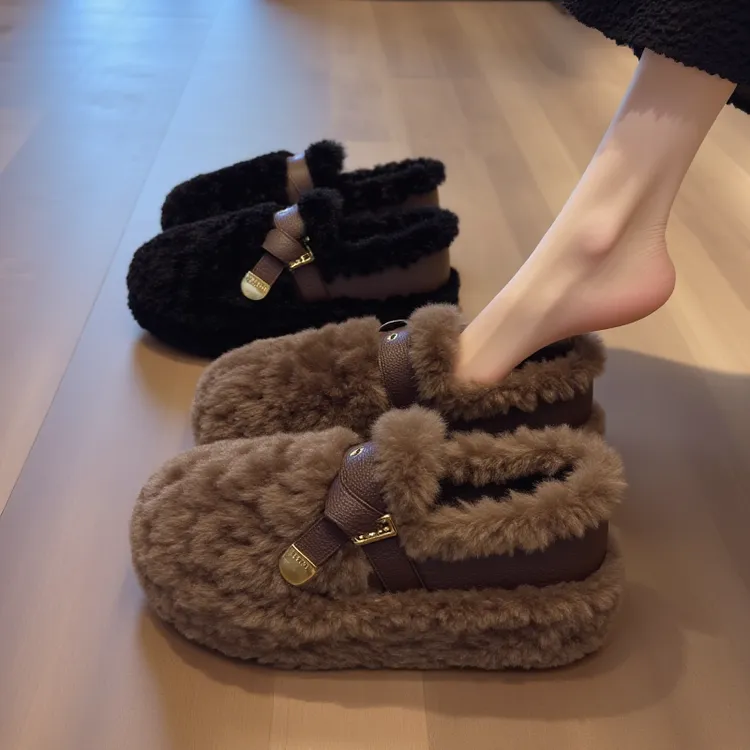 羊羔绒毛毛鞋女2025秋冬外穿厚底加绒懒人软底美拉德棕色豆豆棉鞋