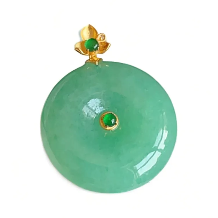 蒲松龄【放心珠宝 】18k金小镶嵌天然A货翡翠玉满绿平安扣吊坠