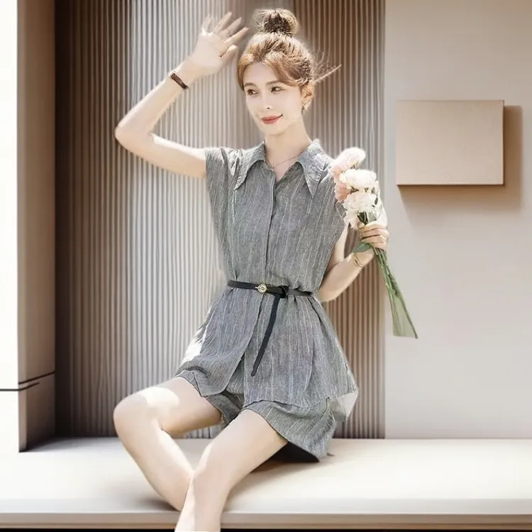 【雅岚女装】时尚洋气显瘦潮流夏装新款女翻领无袖上衣搭显瘦阔腿裤