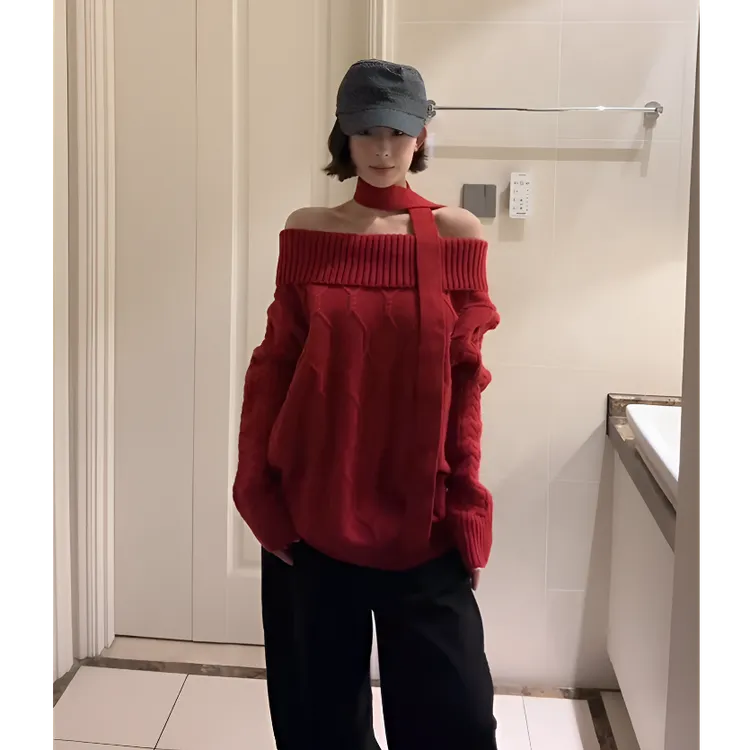 新年约会性感战袍女穿搭一整套秋冬新款一字肩毛衣阔腿裤两件套装