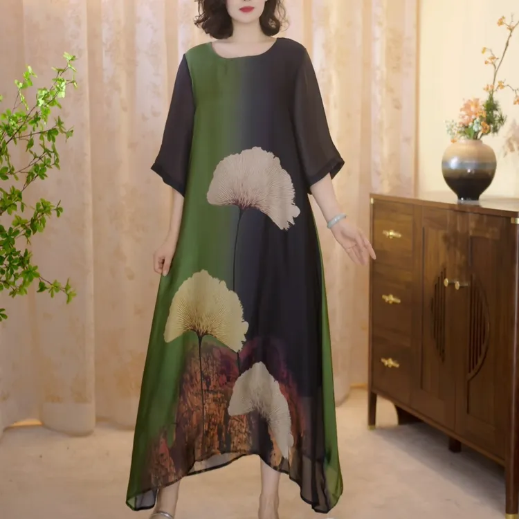 桑蚕丝连衣裙女装2025夏季新款中长款妈妈装显瘦中国风印花裙子