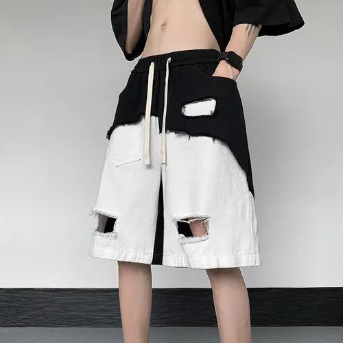 不规则破洞工装短裤男夏季时尚五分裤设计感黑白拼接潮流休闲中DS