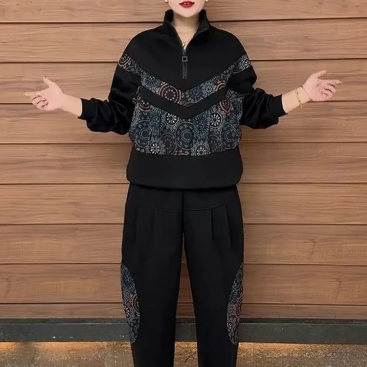 春秋款女装两件套时尚百搭中年妈妈装2025新款复古风印花拼接套装
