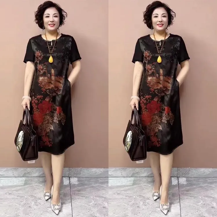 611中老年妈妈装真丝连衣裙夏季新款印花大码桑蚕丝中长款旗袍裙