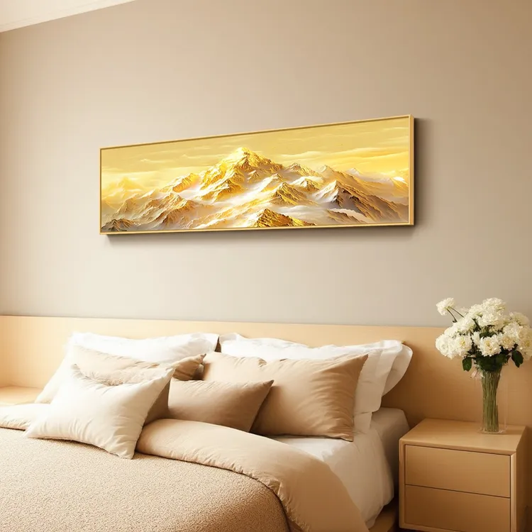 日照金山床头装饰画主卧高级感挂画西墙背有靠山客厅卧室轻奢壁画