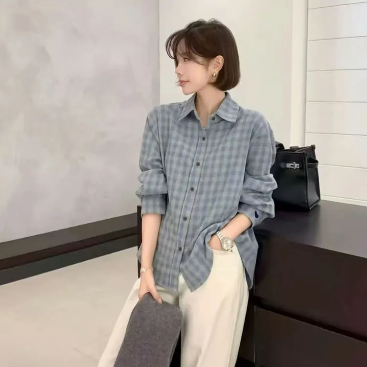 2025磨毛棉翻领色织格纹衬衫冬季新款时尚简约百搭休闲女士