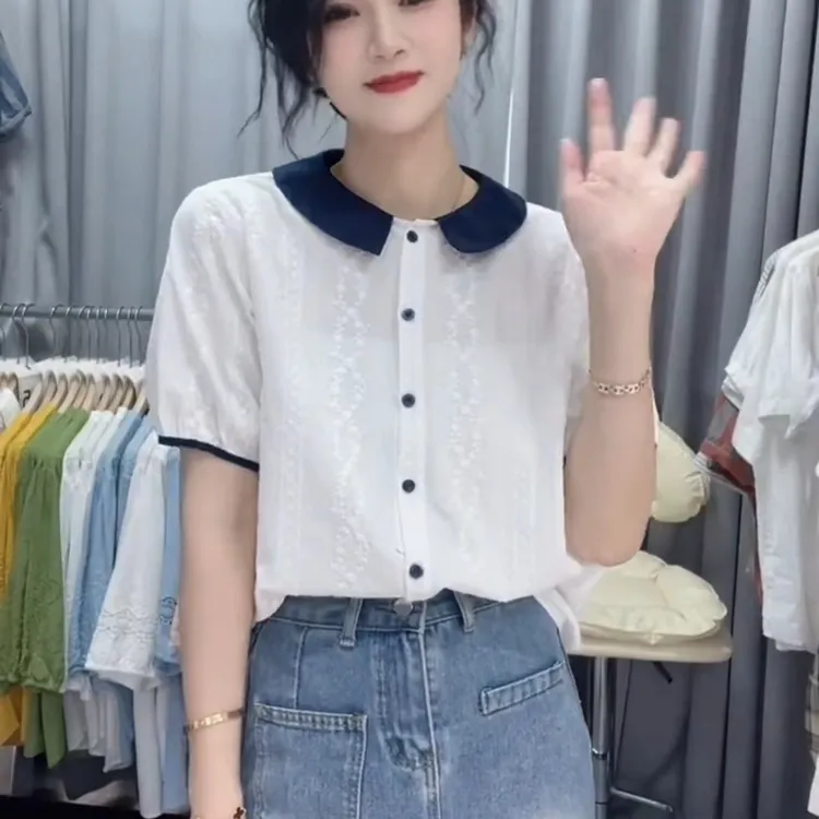 2025夏季新款韩版宽松娃娃领短袖衬衫女甜美可爱气质漂亮小衫上衣