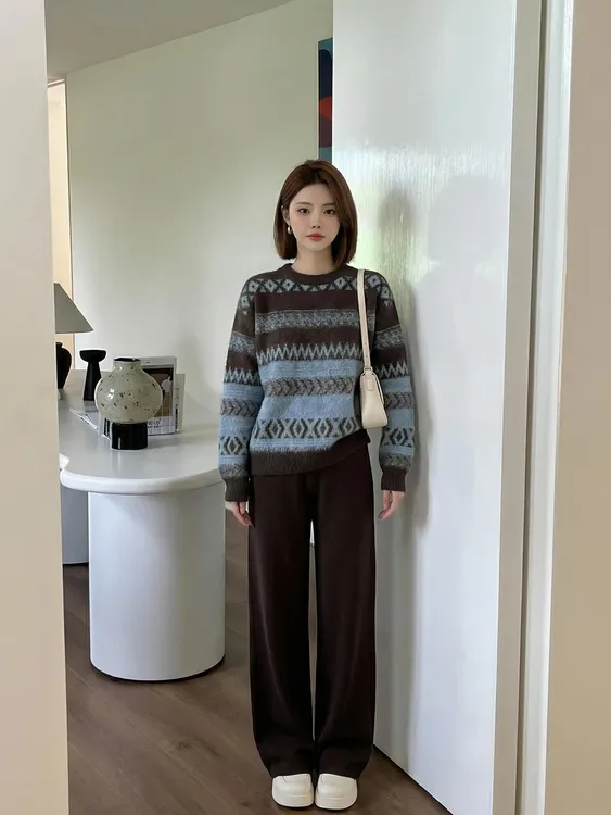 冬季针织保暖新款复古提花设计感撞色圆领毛衣针织衫上衣 nnassa