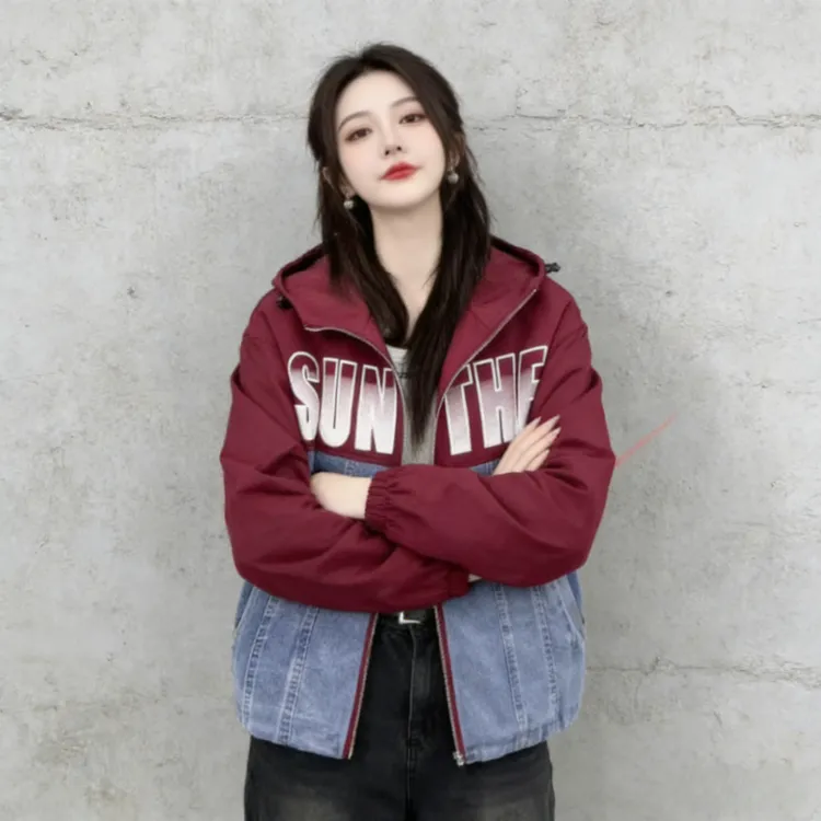 8818春季新款撞色棒球服连帽时尚印花韩版复古宽松拼接牛仔外套