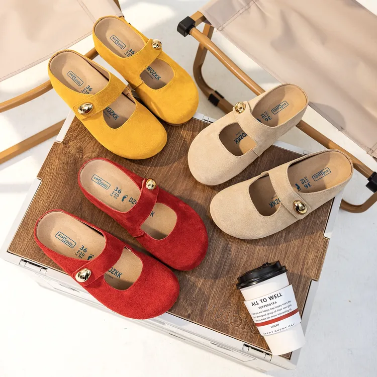 增高5cm~小金豆牛皮圆头软萌玛丽珍勃肯半拖鞋女夏季真皮勃肯鞋