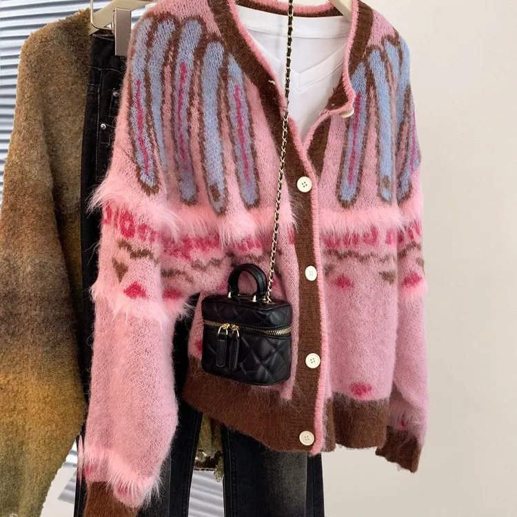 费尔岛毛衣开衫秋季复古慵懒针织衫冬季粉色软糯女款针织外套上衣