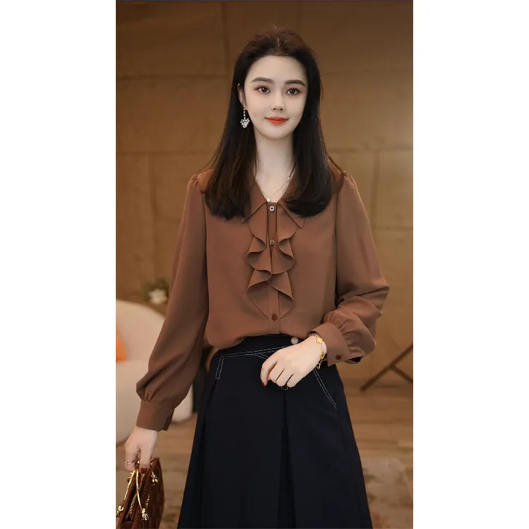 【小陈甄选】流光风曼贝衬衫女士高级显瘦8591542A摩卡棕气质衬衣
