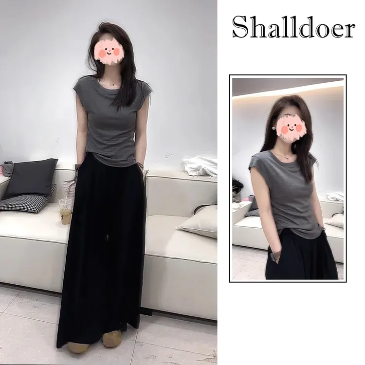 2025年夏季气质圆领修身短袖打底T恤黑色阔腿裤套装欧尼出游必备