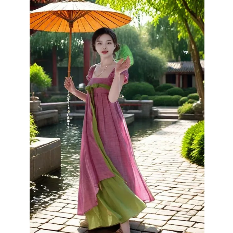 汉元素连衣裙长裙夏季古风短袖连衣裙复古短袖拼色一体式改良汉服