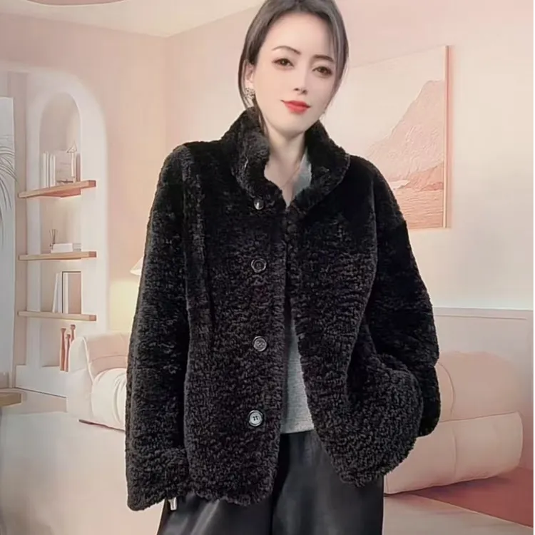 南非胎羊拉贡羊皮毛一体微卷毛立领两面穿超轻软女保暖真皮毛外套