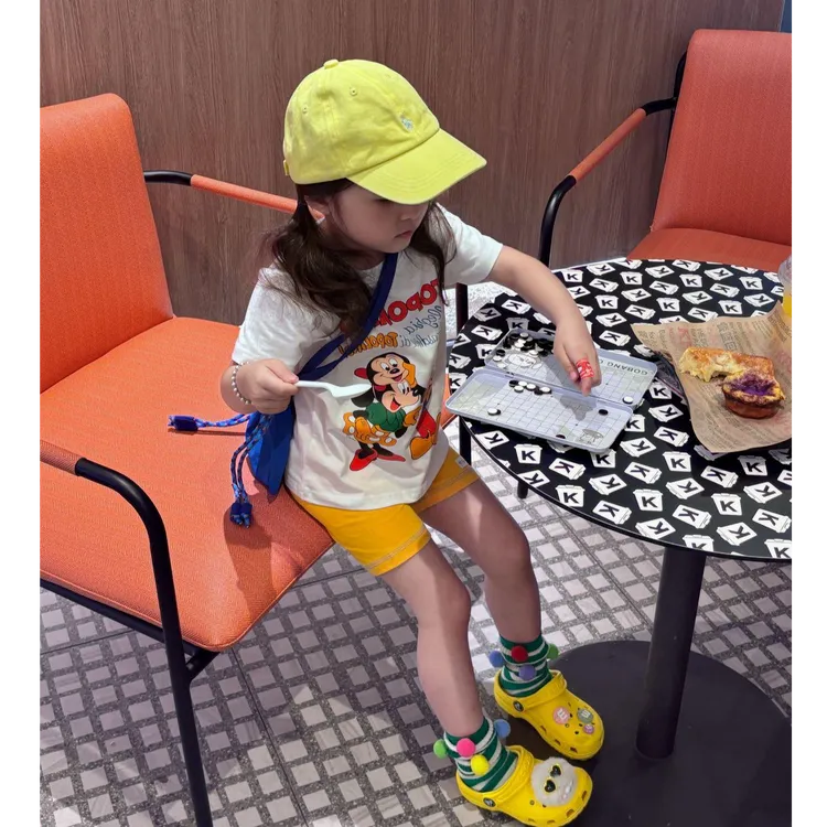 小思家女童2025夏季可爱俏皮韩版卡通米奇短袖薄款纯色休闲裤套装