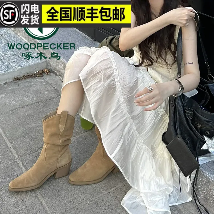 堆堆靴短靴卡其色美拉德高跟增高复古西部牛仔靴骑士靴