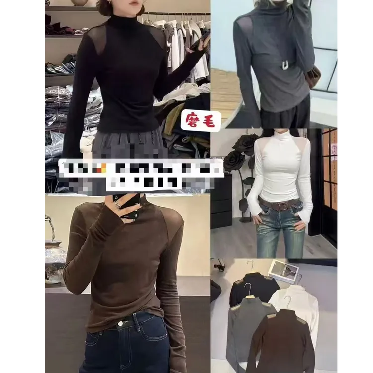 王永家~半高领拼接网纱打底衫加绒显瘦气质上衣588