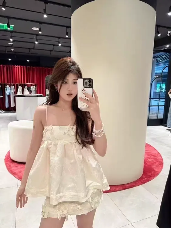 2025夏季新款时尚可调节蝴蝶结提花吊带千金风轻奢高级感上衣半裙