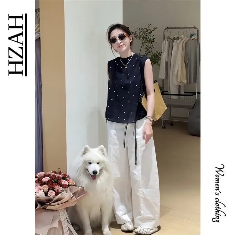 HZAH官方夏季韩系套装女设计感无袖衬衫波点上衣高腰阔腿裤两件套