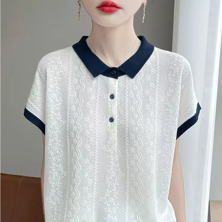 品牌高级感莱赛尔POLO领针织短袖女夏季打底衫洋气短袖百搭上衣