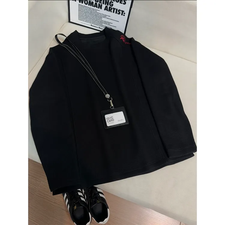 cleanfit美式华夫格打底衫基础刺绣内搭秋冬加绒男款圆领卫衣长袖