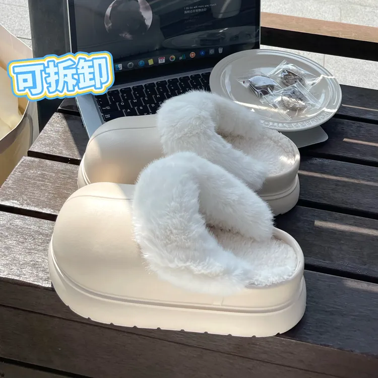 可拆卸防水毛毛棉拖鞋女2025冬季加绒保暖厚底增高防滑包跟棉鞋女