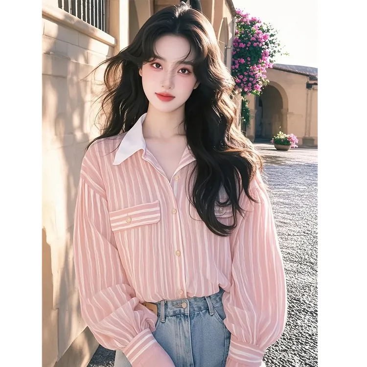 2025春季新款小衫超好看独特漂亮洋气设计感小众粉色条纹长袖衬衫