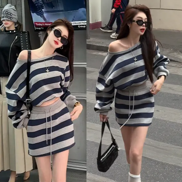气质韩版条纹慵懒风休闲风时尚显瘦套装运动时尚条纹套装