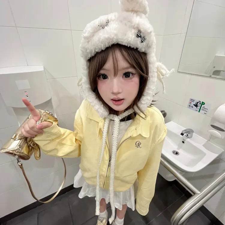 柠檬黄翻领外套女早秋休闲拉链夹克学院风百搭上衣复古休闲女夹克