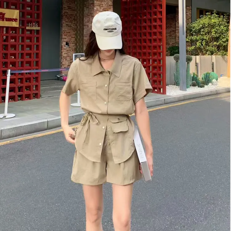 2025新款韩版小众短袖短裤工装配腰包3件套装时尚高级简约显白