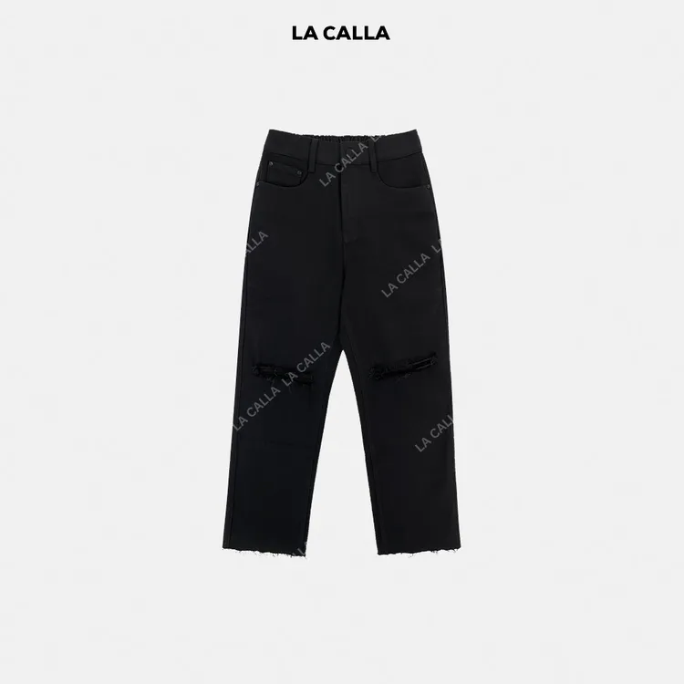 LA CALLA水洗磨破毛边黑牛仔裤YY-AO6435