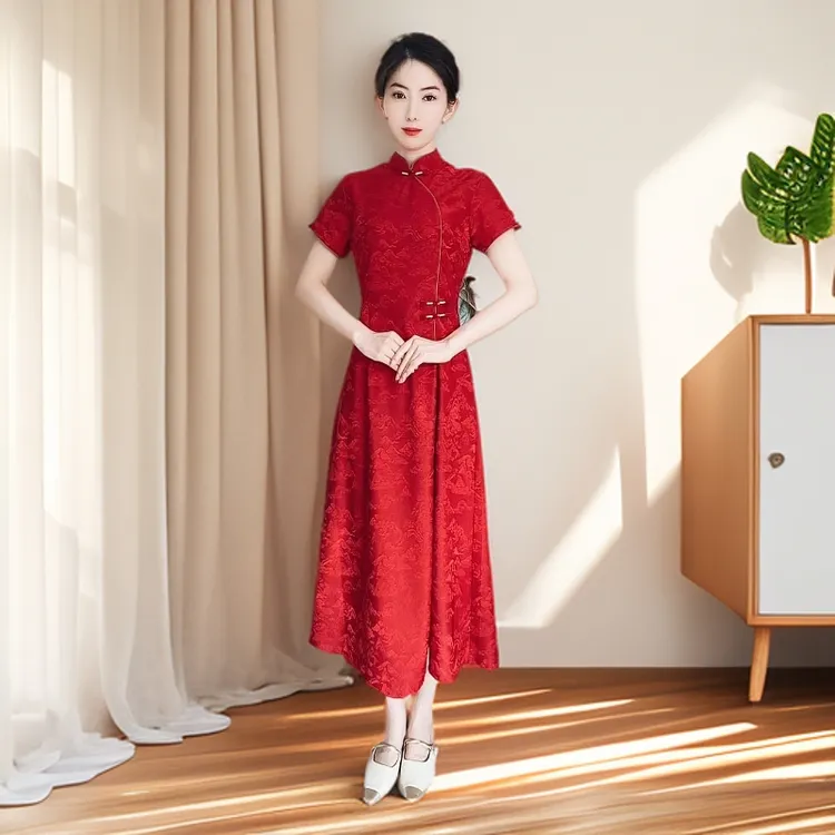 【龙凤呈祥】中国风红色旗袍裙气质修身显瘦复古中长款A16