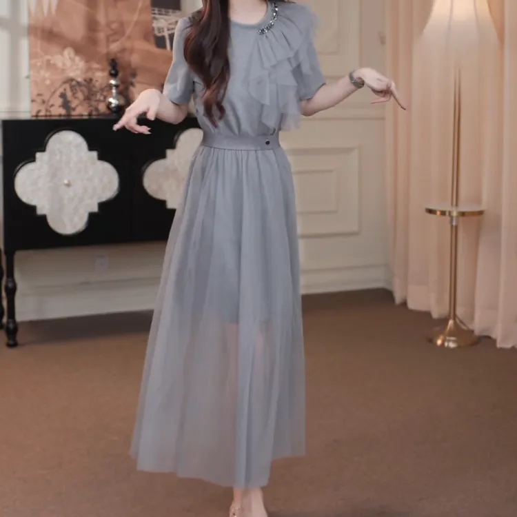 夏季时尚洋气网纱气质显瘦两件套连衣裙C5192